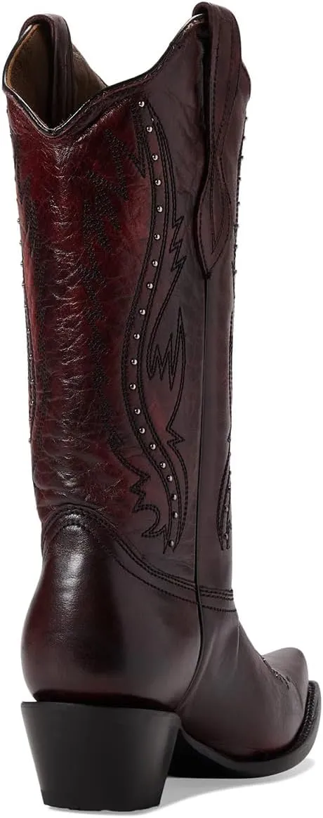 Women Vintage Embroidered Cowboy Boots Knee High Western Boots Chunky Stacked Heel Pointed Square Toe Mid Calf Cowgirl Boots Metallic Matte Pull On V Cut Fall Boot Exotic 4-11 M US