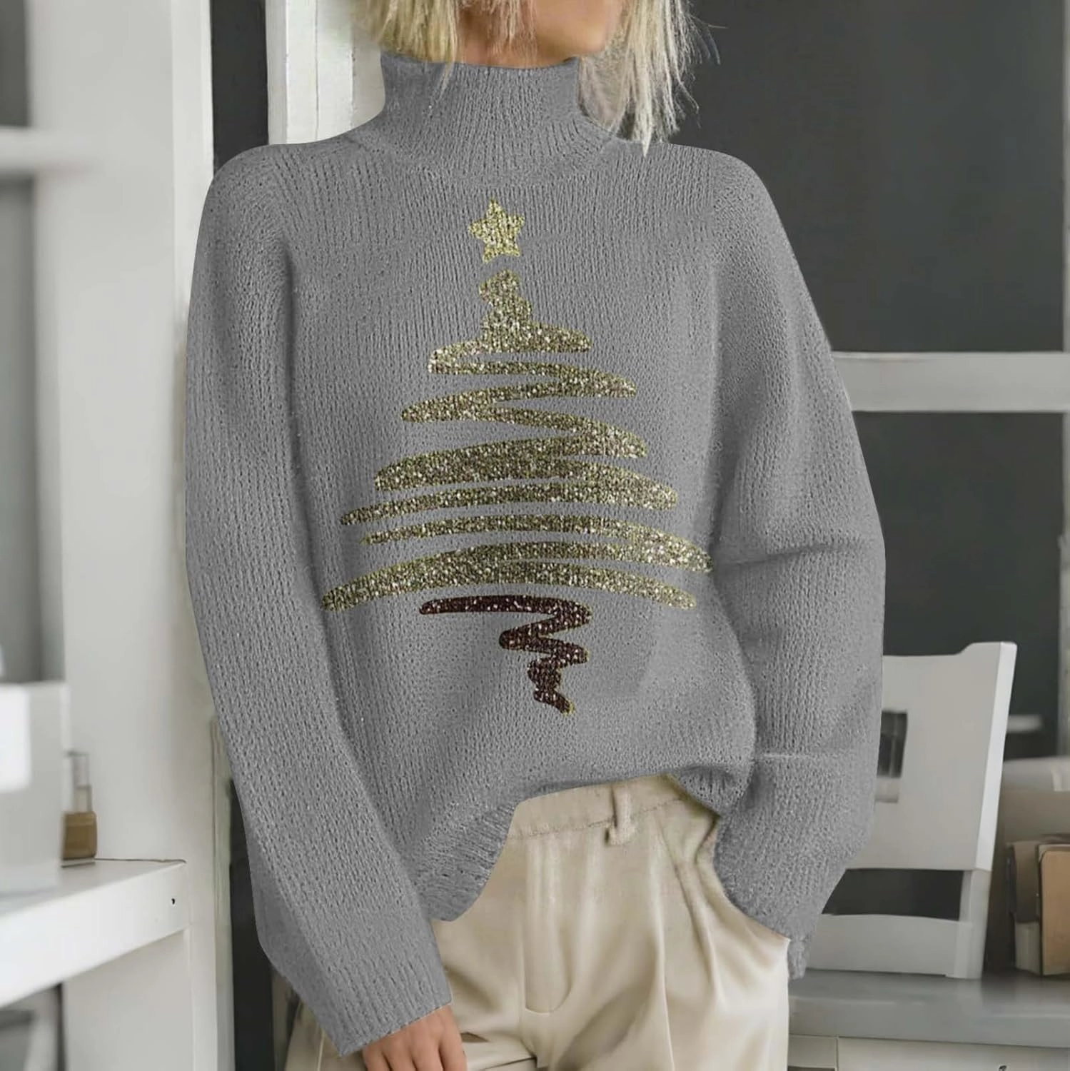 Women Merry Christmas Sweaters Turtleneck Long Sleeve Print Knitted Pullover Y2K Christmas Sweater Hoilday Tops