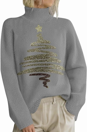 Women Merry Christmas Sweaters Turtleneck Long Sleeve Print Knitted Pullover Y2K Christmas Sweater Hoilday Tops