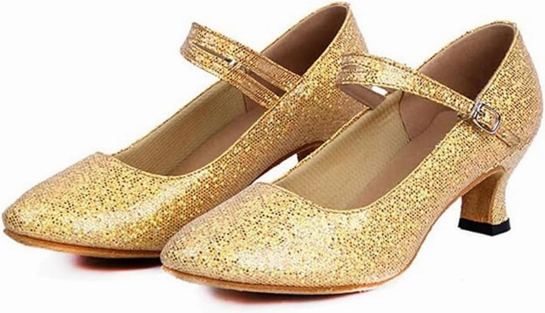 Women’s Ballroom Latin Dance Shoes, Glitter Leather Closed Toe Heels Shoes Cowhide Sole for Indoors