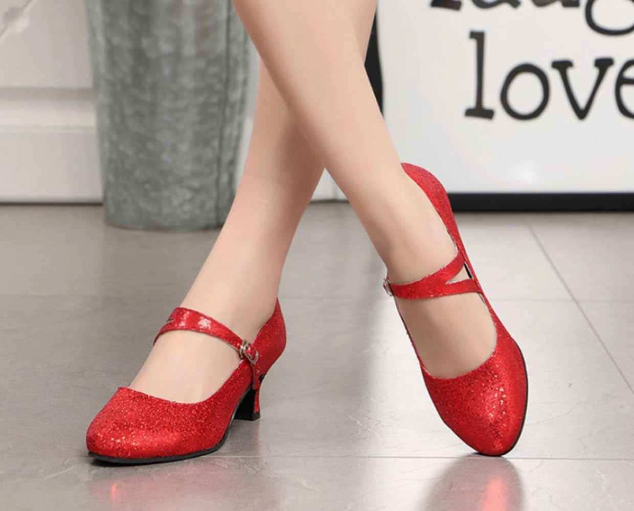 Women’s Ballroom Latin Dance Shoes, Glitter Leather Closed Toe Heels Shoes Cowhide Sole for Indoors