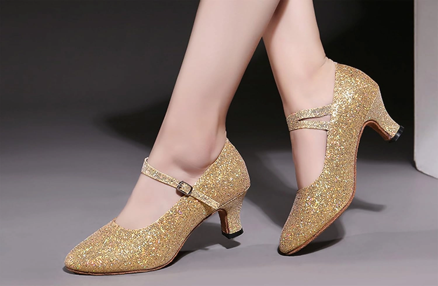 Women’s Ballroom Latin Dance Shoes, Glitter Leather Closed Toe Heels Shoes Cowhide Sole for Indoors