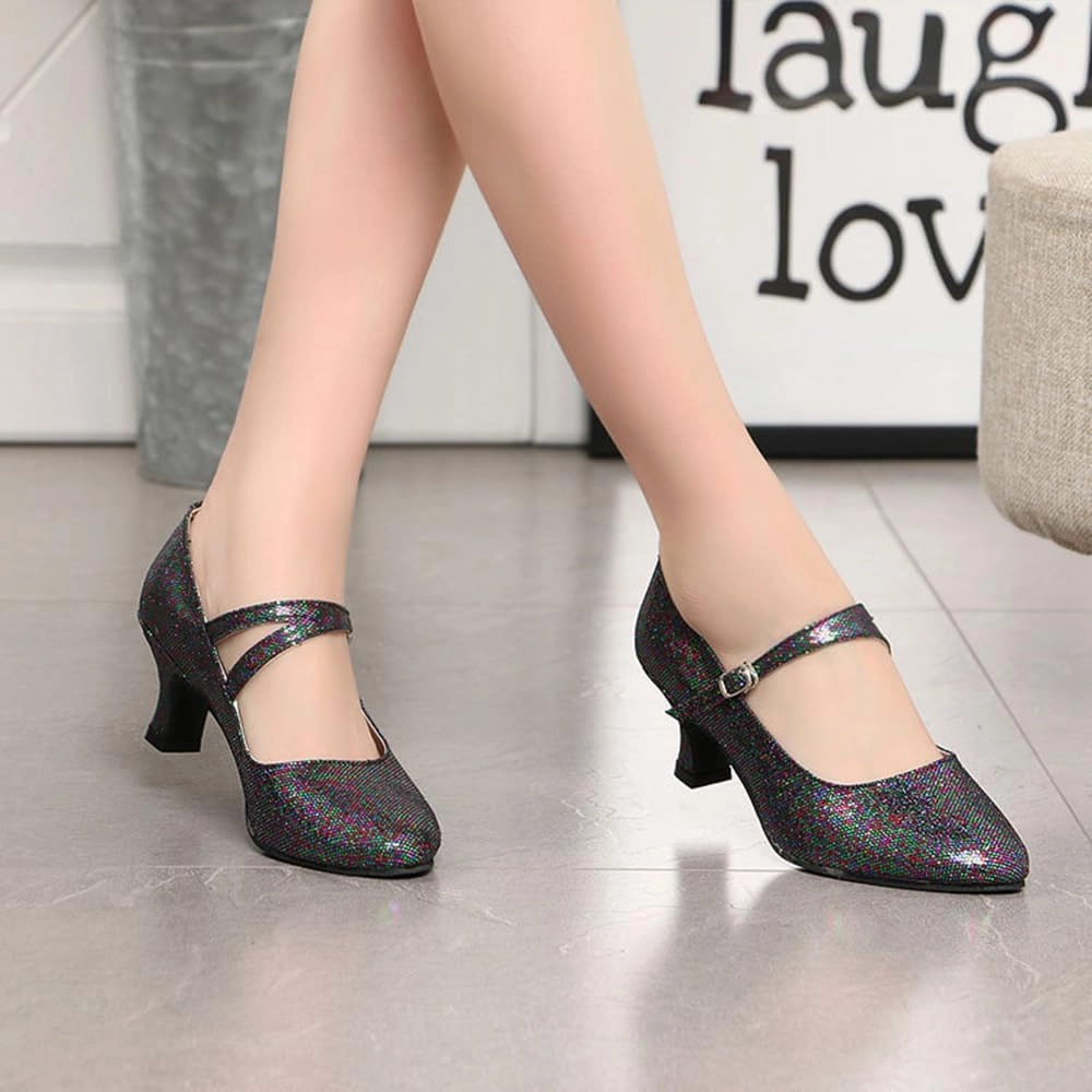 Women’s Ballroom Latin Dance Shoes, Glitter Leather Closed Toe Heels Shoes Cowhide Sole for Indoors