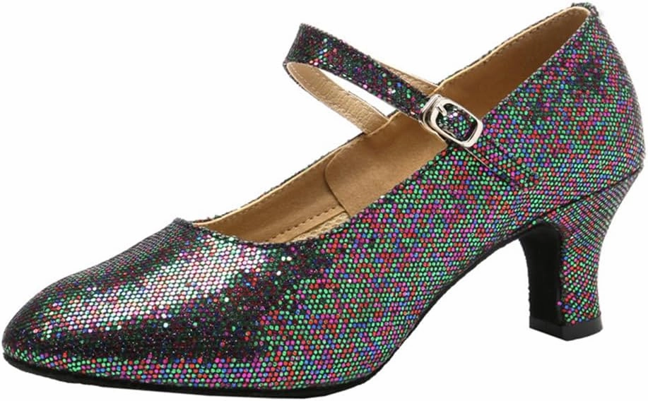 Women’s Ballroom Latin Dance Shoes, Glitter Leather Closed Toe Heels Shoes Cowhide Sole for Indoors