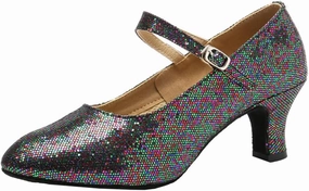 Women’s Ballroom Latin Dance Shoes, Glitter Leather Closed Toe Heels Shoes Cowhide Sole for Indoors