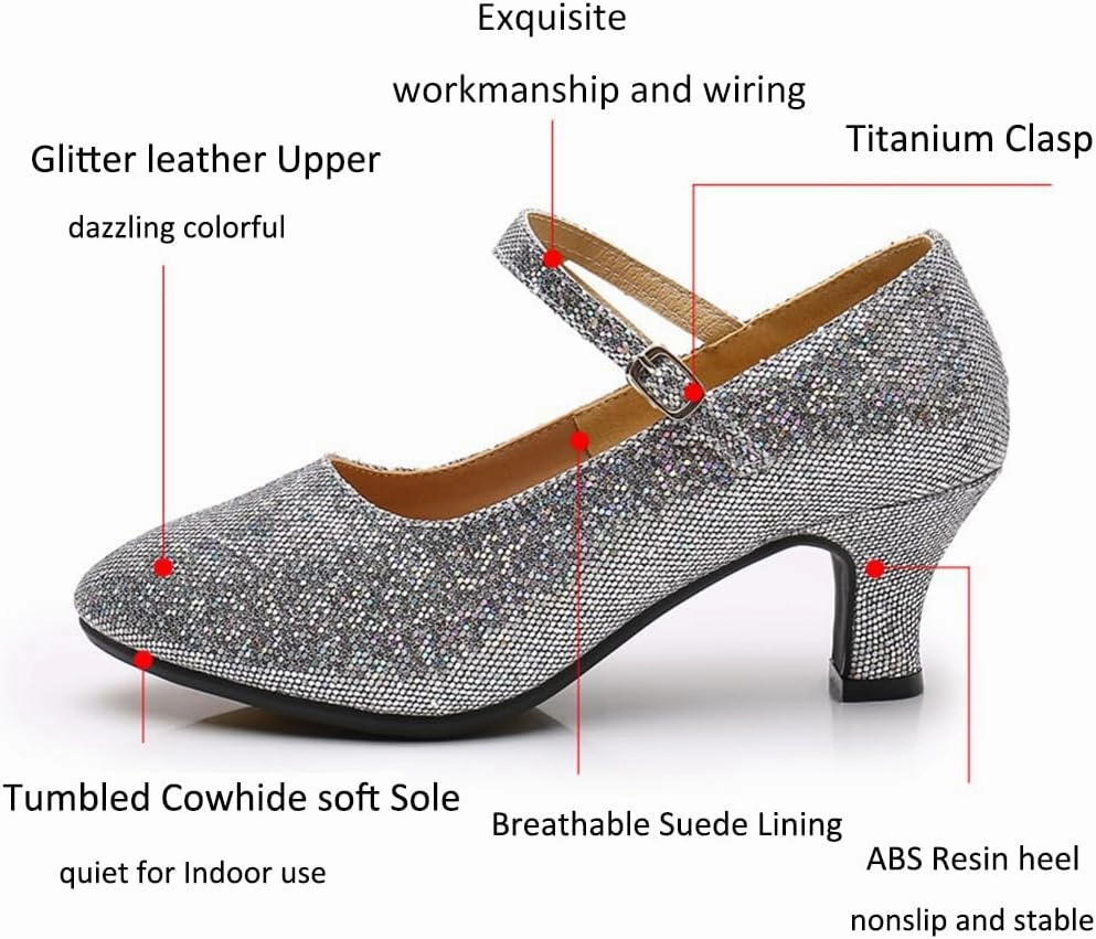 Women’s Ballroom Latin Dance Shoes, Glitter Leather Closed Toe Heels Shoes Cowhide Sole for Indoors