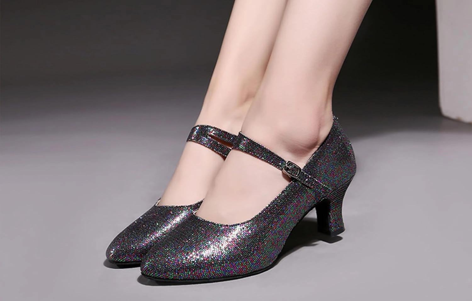 Women’s Ballroom Latin Dance Shoes, Glitter Leather Closed Toe Heels Shoes Cowhide Sole for Indoors