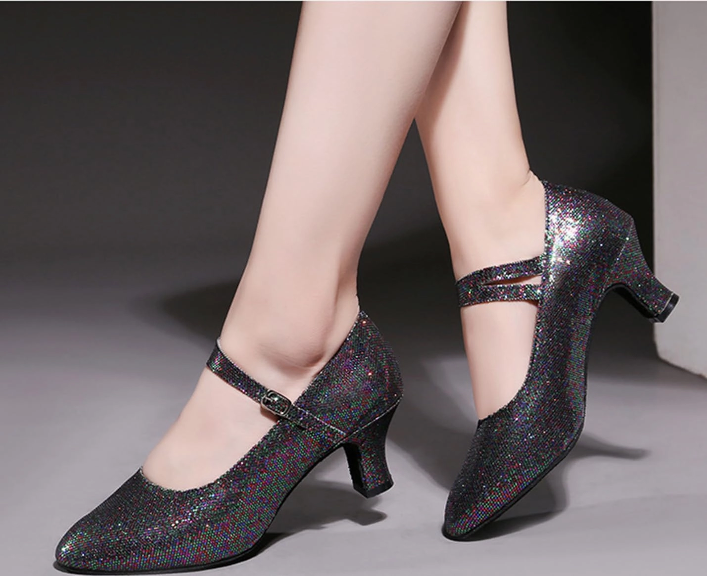 Women’s Ballroom Latin Dance Shoes, Glitter Leather Closed Toe Heels Shoes Cowhide Sole for Indoors