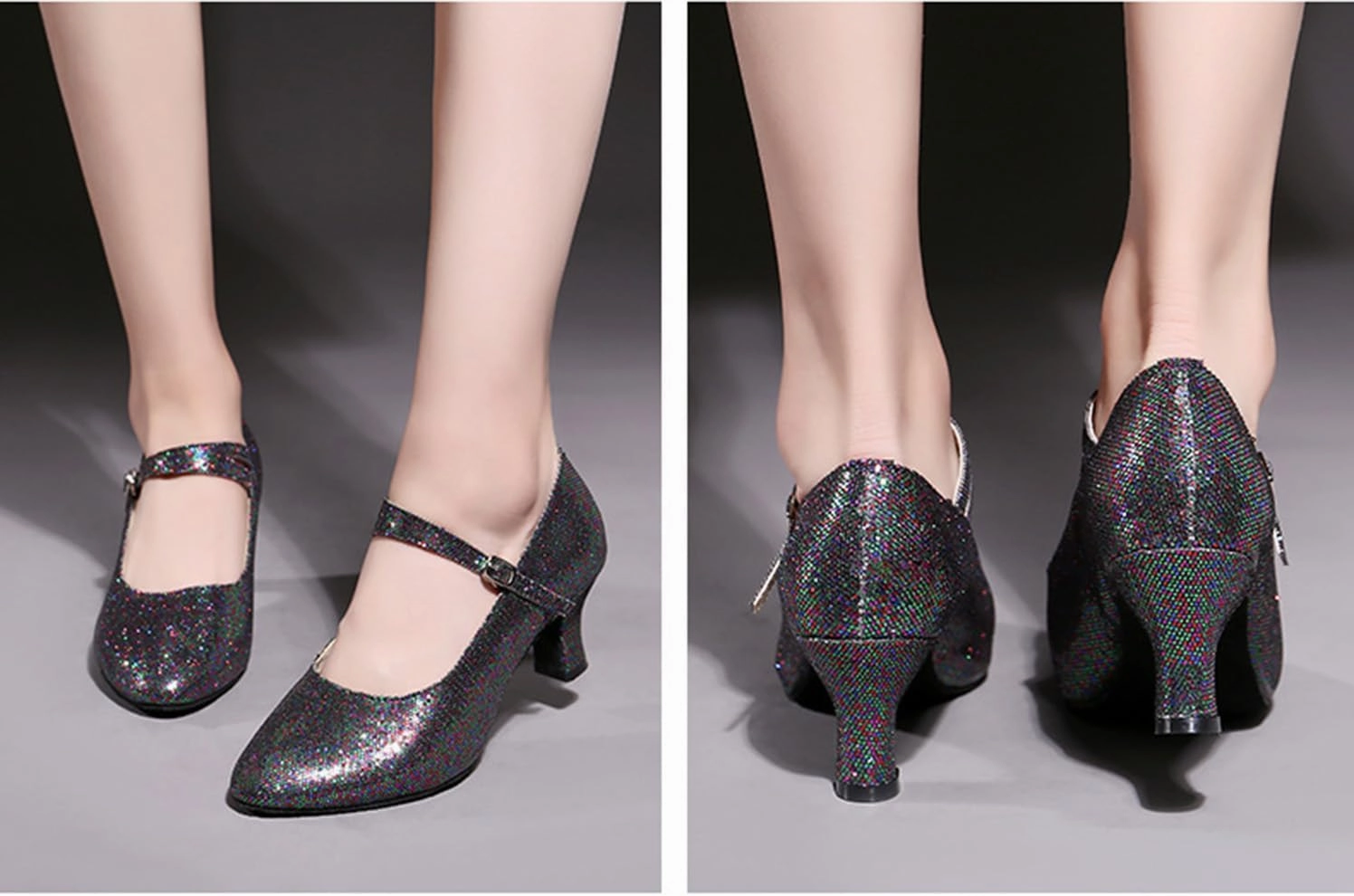 Women’s Ballroom Latin Dance Shoes, Glitter Leather Closed Toe Heels Shoes Cowhide Sole for Indoors