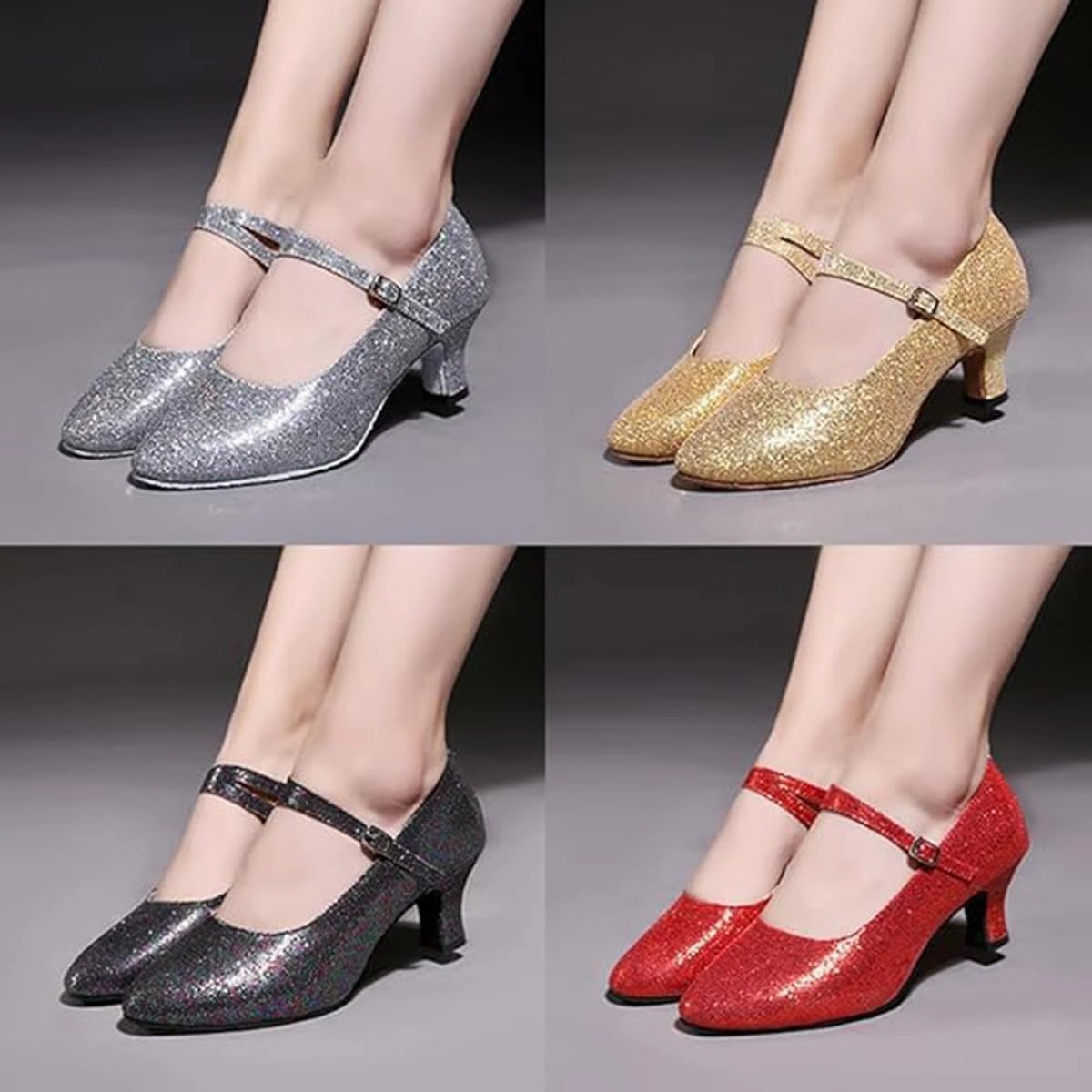 Women’s Ballroom Latin Dance Shoes, Glitter Leather Closed Toe Heels Shoes Cowhide Sole for Indoors