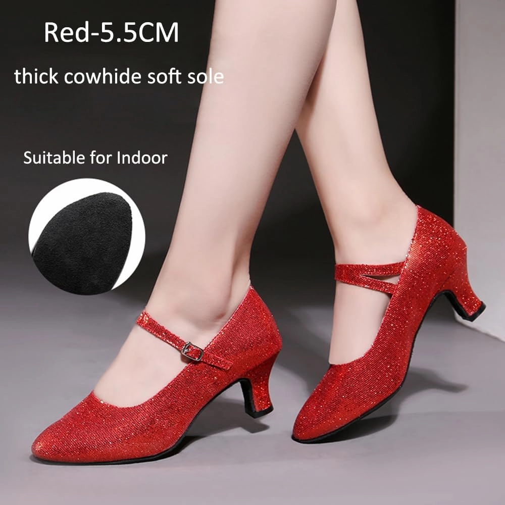 Women’s Ballroom Latin Dance Shoes, Glitter Leather Closed Toe Heels Shoes Cowhide Sole for Indoors