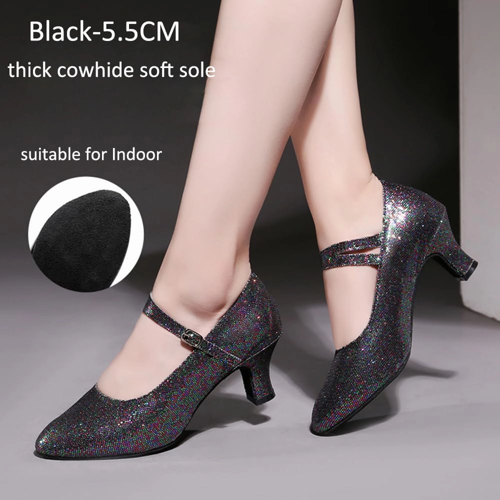 Women’s Ballroom Latin Dance Shoes, Glitter Leather Closed Toe Heels Shoes Cowhide Sole for Indoors