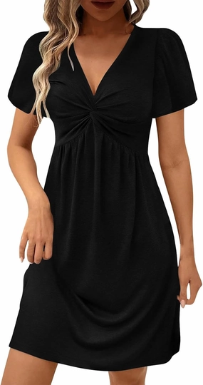 Women's Casual Dresses 2025 Summer Short Sleeve Twist Front Sundress Empire Waist A-Line Ruched Mini Dresses