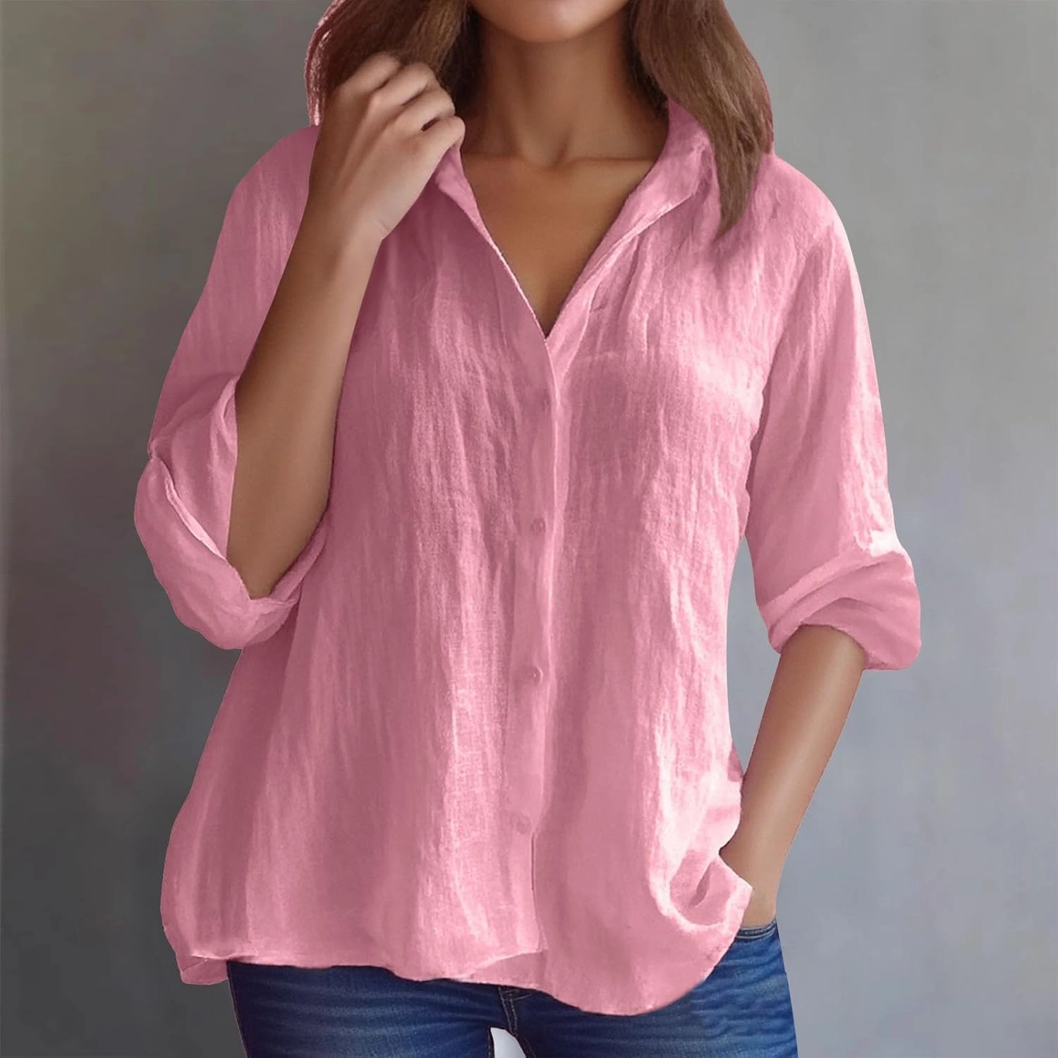 Women's Casual Shirt 2025 Summer Linen Button Down Shirt Rolled Cuffed Short Sleeve Blouse Casual Beach Cotton Tops