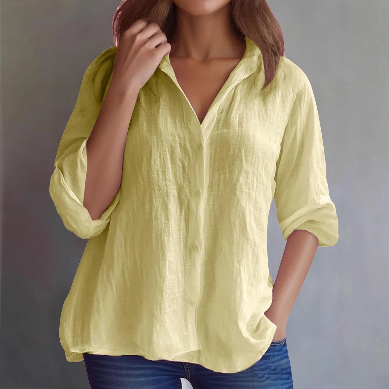 Women's Casual Shirt 2025 Summer Linen Button Down Shirt Rolled Cuffed Short Sleeve Blouse Casual Beach Cotton Tops