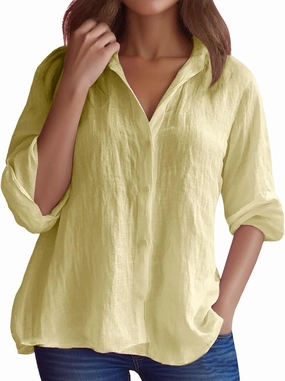 Women's Casual Shirt 2025 Summer Linen Button Down Shirt Rolled Cuffed Short Sleeve Blouse Casual Beach Cotton Tops