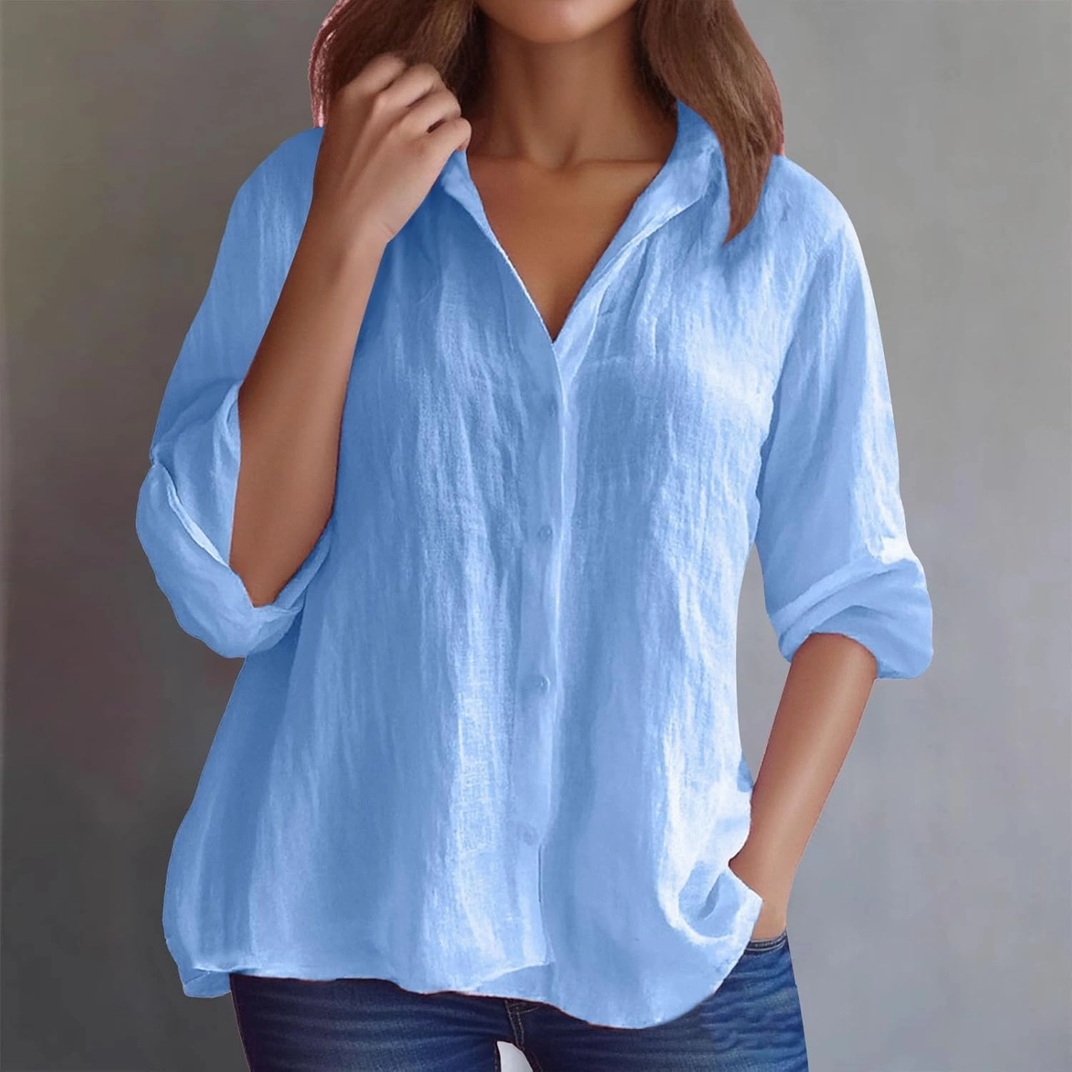 Women's Casual Shirt 2025 Summer Linen Button Down Shirt Rolled Cuffed Short Sleeve Blouse Casual Beach Cotton Tops