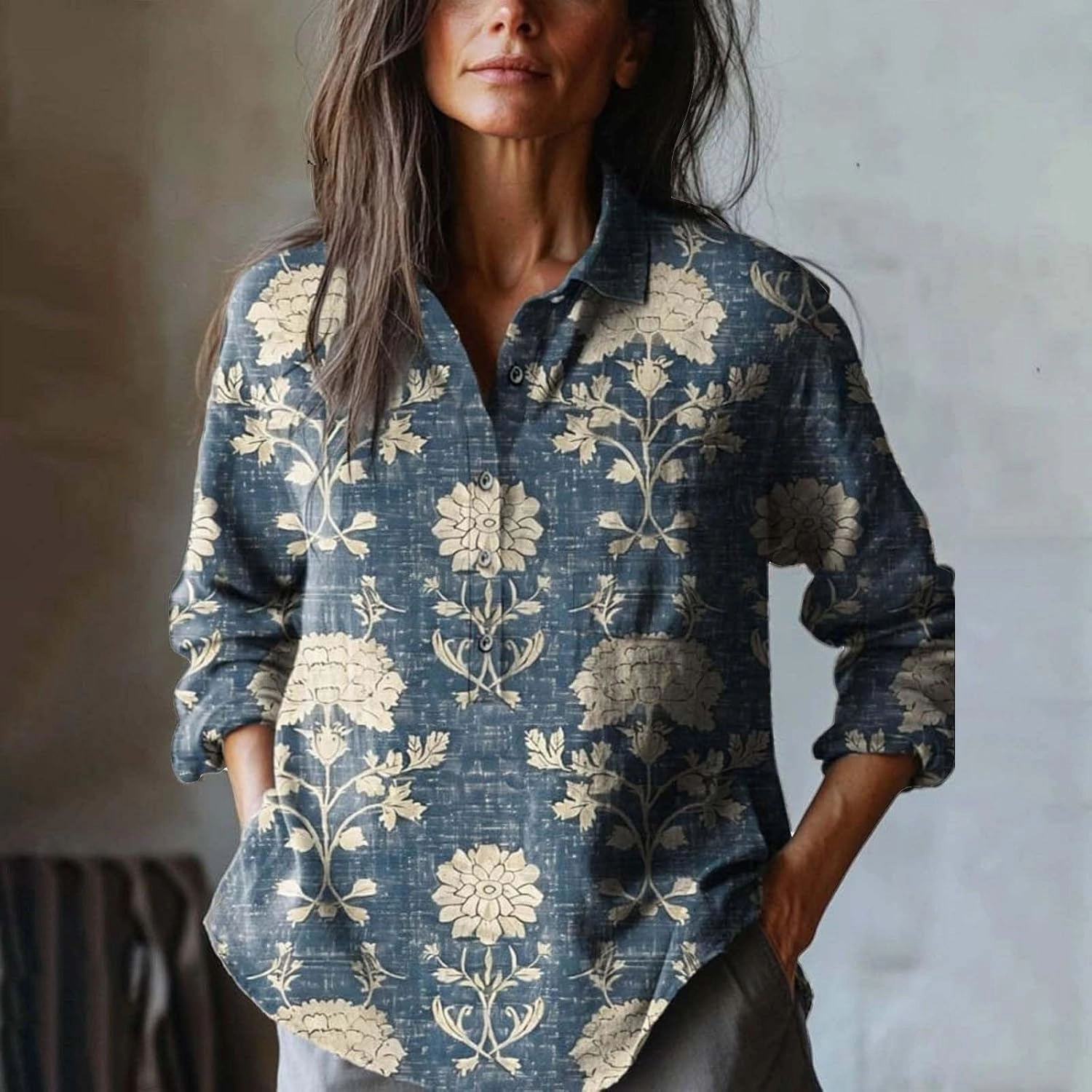 Women's Cotton Linen V-Neck Collar Women's Retro Floral Art Print Casual Long Sleeve Long Sleeve Cotton Gauze Tops