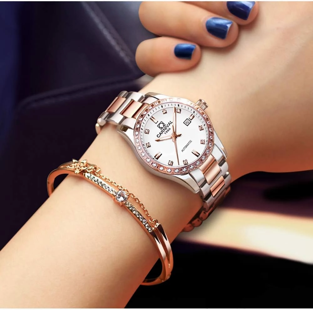 Women's Diamond Automatic Mechanical Rose Gold Stainless Steel Sapphire Waterproof Lady's Elegant Blue Watch