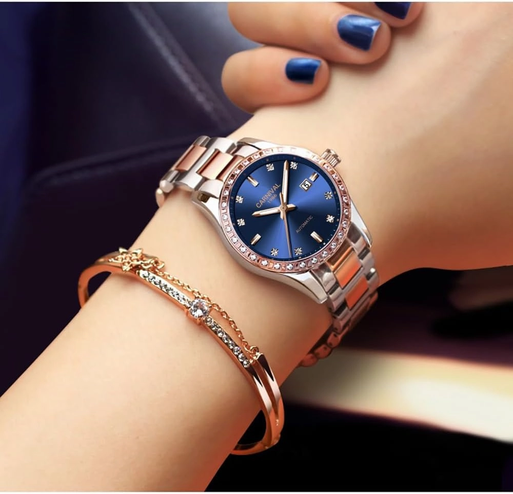 Women's Diamond Automatic Mechanical Rose Gold Stainless Steel Sapphire Waterproof Lady's Elegant Blue Watch