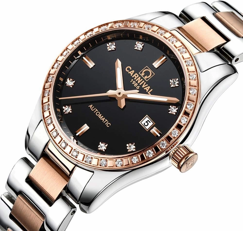 Women's Diamond Automatic Mechanical Rose Gold Stainless Steel Sapphire Waterproof Lady's Elegant Blue Watch
