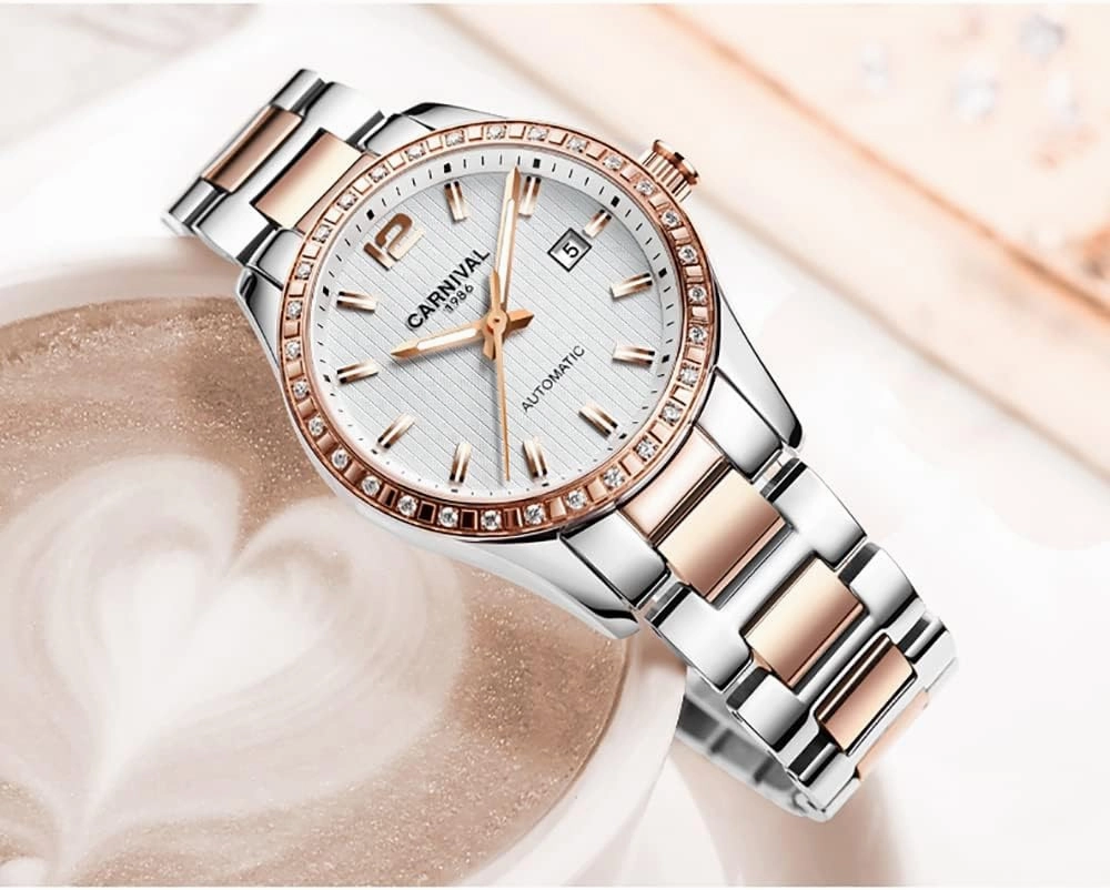 Women's Diamond Automatic Mechanical Rose Gold Stainless Steel Sapphire Waterproof Lady's Elegant Blue Watch
