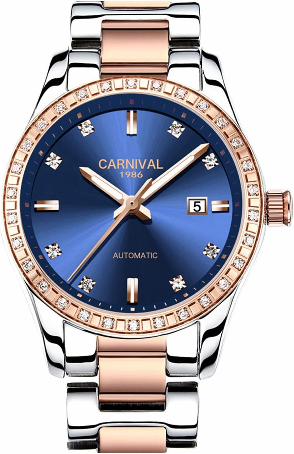 Women's Diamond Automatic Mechanical Rose Gold Stainless Steel Sapphire Waterproof Lady's Elegant Blue Watch (Blue dial)