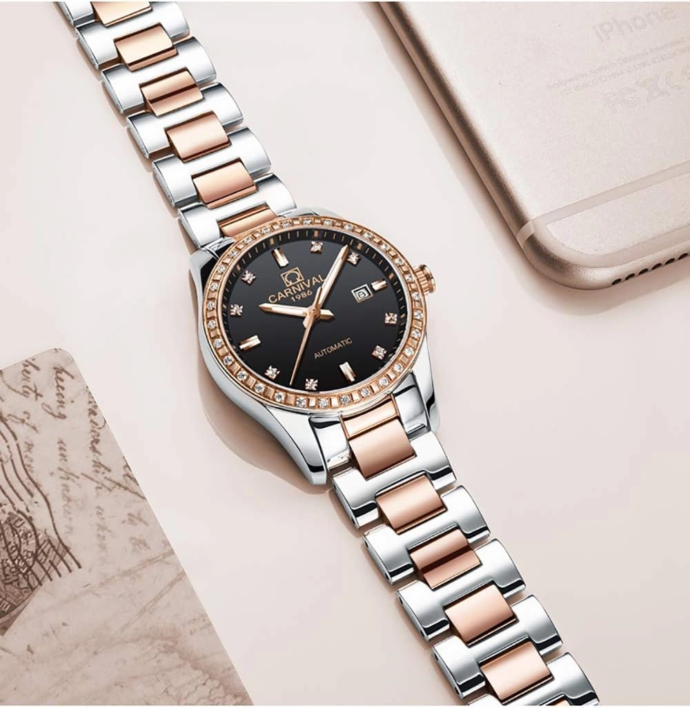 Women's Diamond Automatic Mechanical Rose Gold Stainless Steel Sapphire Waterproof Lady's Elegant Blue Watch