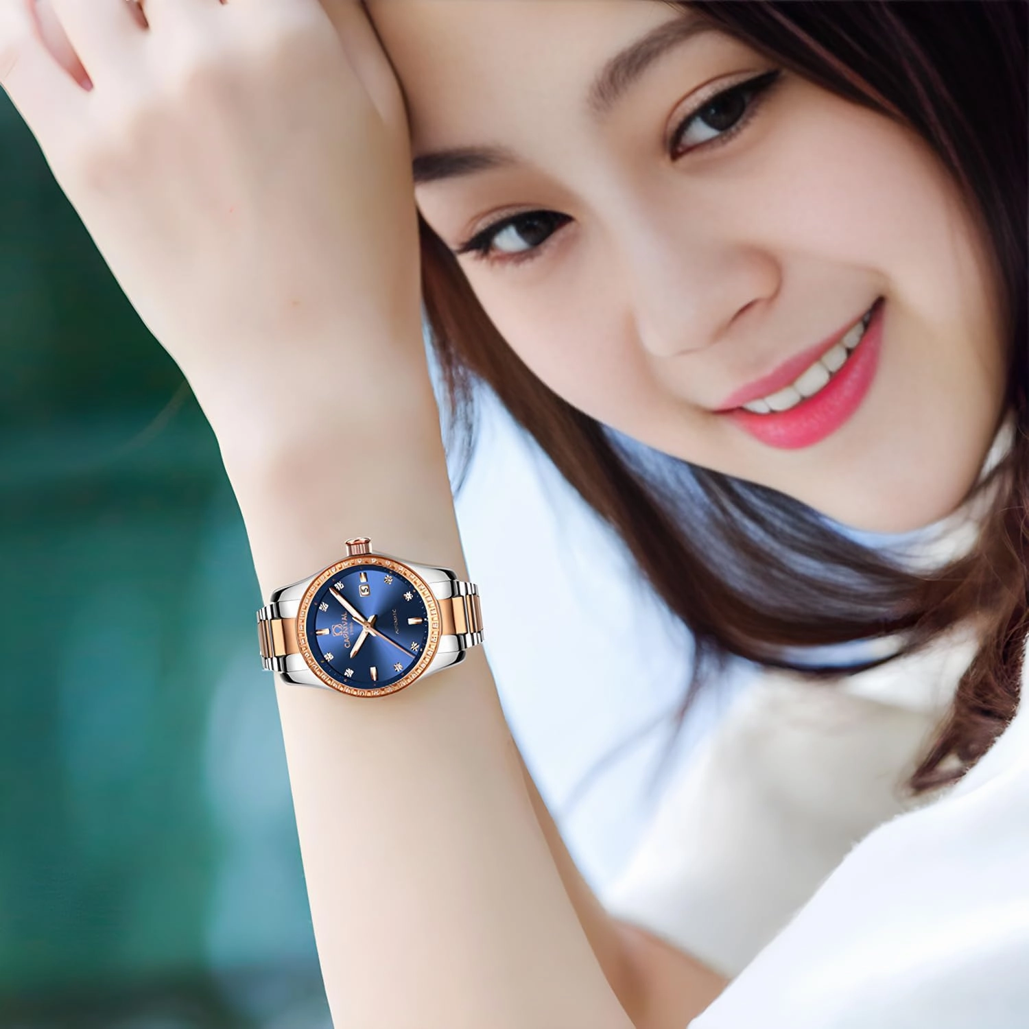 Women's Diamond Automatic Mechanical Rose Gold Stainless Steel Sapphire Waterproof Lady's Elegant Blue Watch