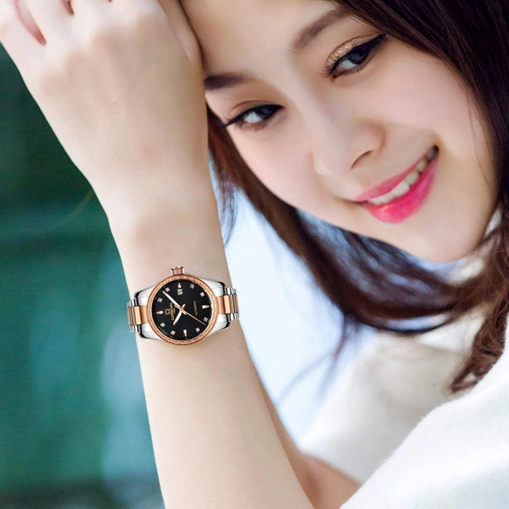 Women's Diamond Automatic Mechanical Rose Gold Stainless Steel Sapphire Waterproof Lady's Elegant Blue Watch