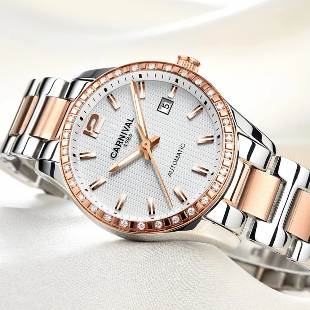 Women's Diamond Automatic Mechanical Rose Gold Stainless Steel Sapphire Waterproof Lady's Elegant Blue Watch