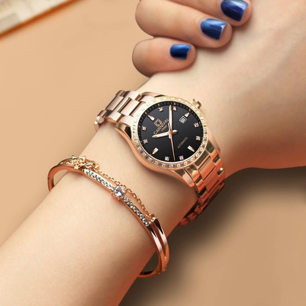 Women's Diamond Automatic Mechanical Rose Gold Stainless Steel Sapphire Waterproof Lady's Elegant Blue Watch