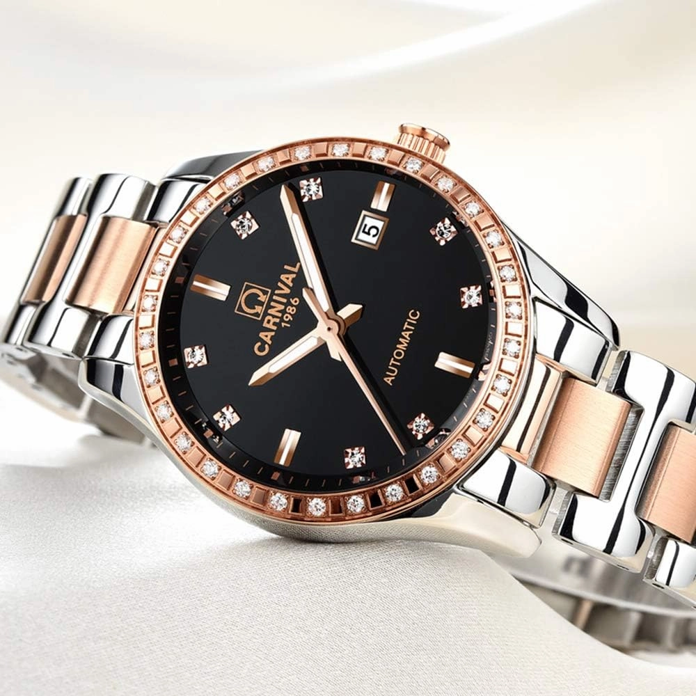 Women's Diamond Automatic Mechanical Rose Gold Stainless Steel Sapphire Waterproof Lady's Elegant Blue Watch
