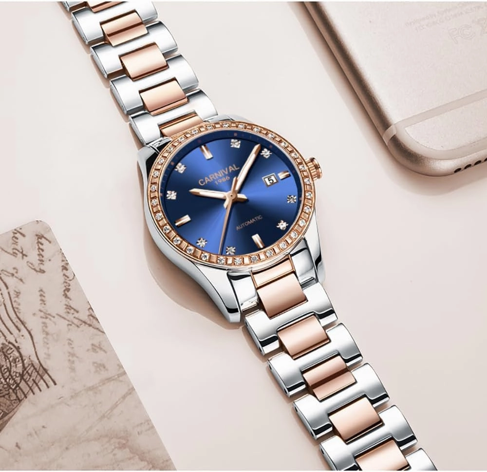 Women's Diamond Automatic Mechanical Rose Gold Stainless Steel Sapphire Waterproof Lady's Elegant Blue Watch