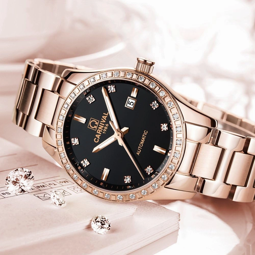 Women's Diamond Automatic Mechanical Rose Gold Stainless Steel Sapphire Waterproof Lady's Elegant Blue Watch