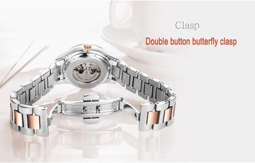 Women's Diamond Automatic Mechanical Rose Gold Stainless Steel Sapphire Waterproof Lady's Elegant Blue Watch