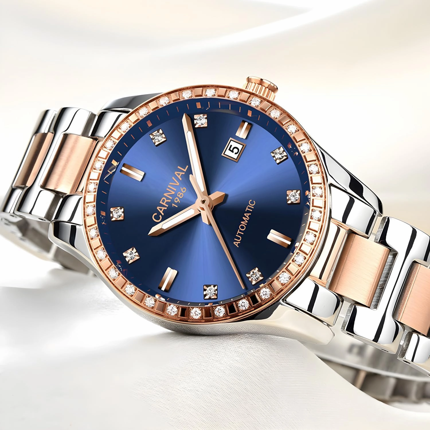 Women's Diamond Automatic Mechanical Rose Gold Stainless Steel Sapphire Waterproof Lady's Elegant Blue Watch