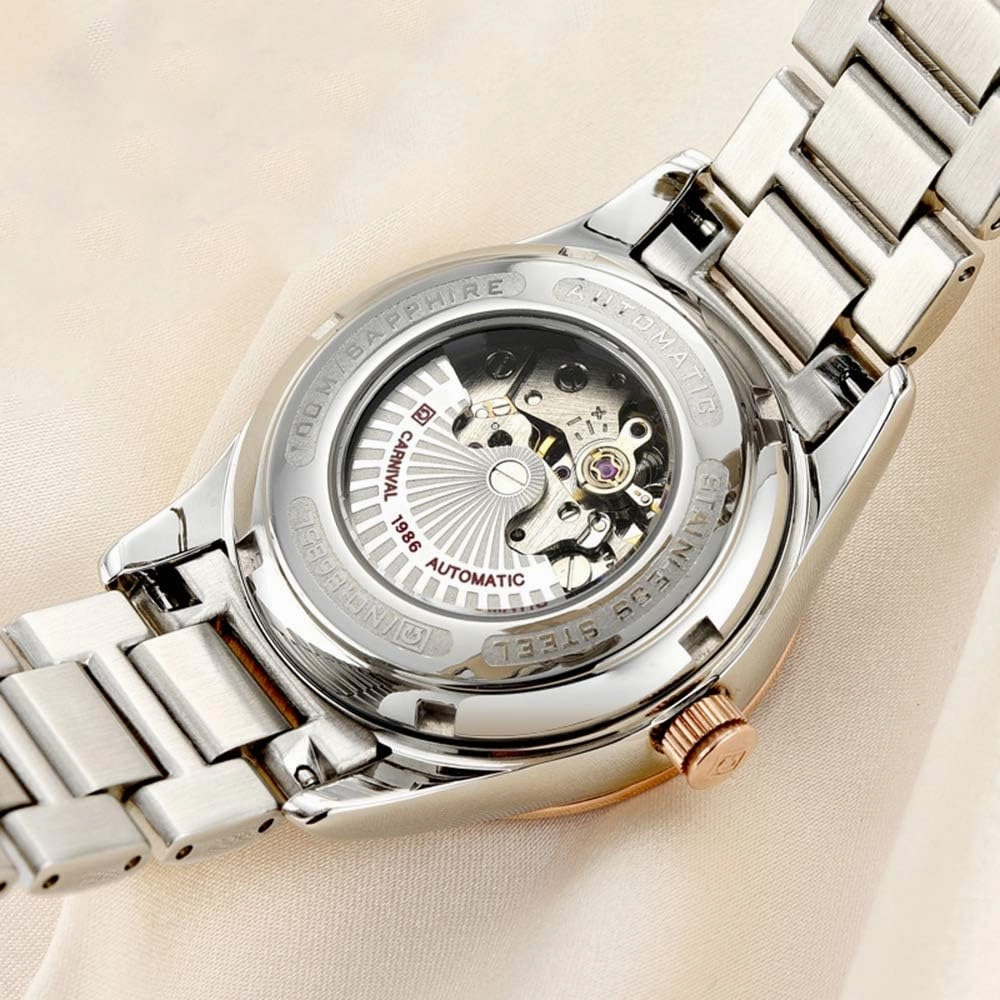 Women's Diamond Automatic Mechanical Rose Gold Stainless Steel Sapphire Waterproof Lady's Elegant Blue Watch
