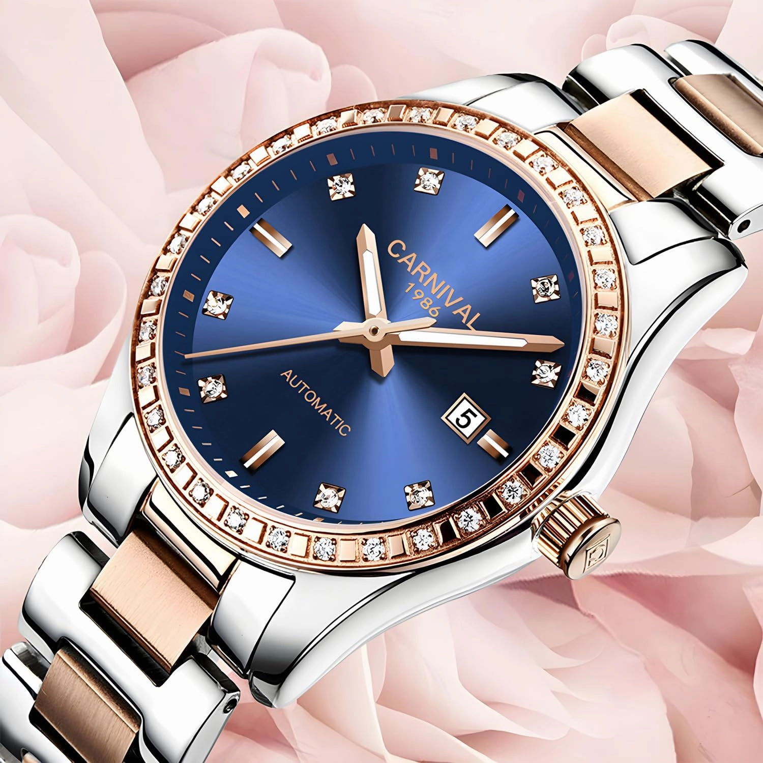 Women's Diamond Automatic Mechanical Rose Gold Stainless Steel Sapphire Waterproof Lady's Elegant Blue Watch