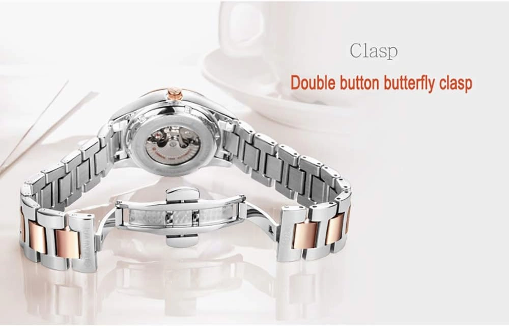 Women's Diamond Automatic Mechanical Rose Gold Stainless Steel Sapphire Waterproof Lady's Elegant Blue Watch