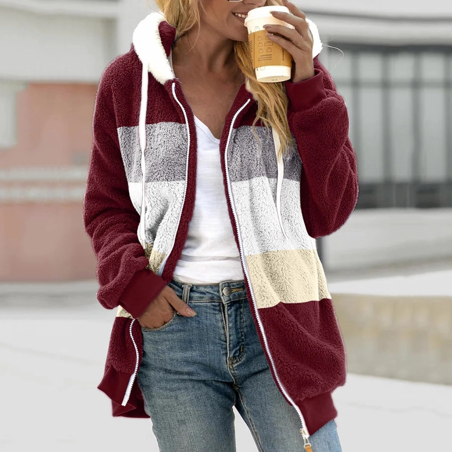 Women's Fleece Jackets Fashion Drawstring Hooded Sweatshirt Oversized Fall Winter Zipper Coats Warm Outwear for Women