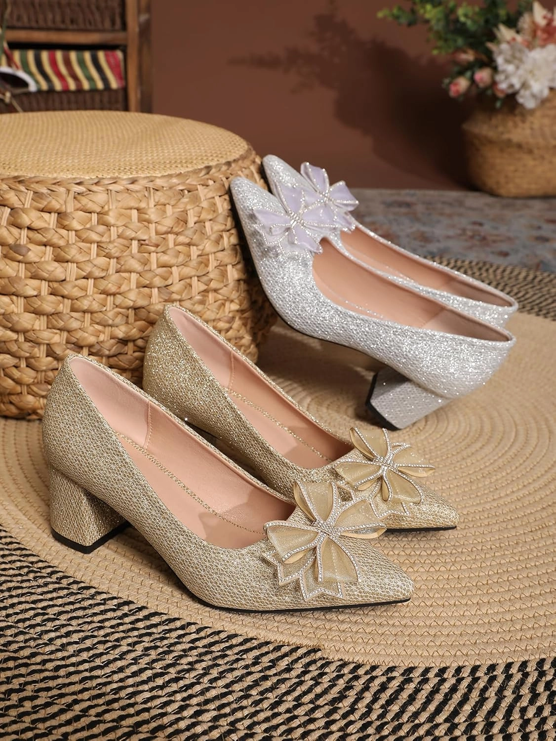 Women's Glitter Slip On Low Block Pumps Closed Pointed Toe Silver Gold Dress Chunky Heels with Bow for Woman Comfortable Wedding Prom Dating Pumps Shoes 2.36"