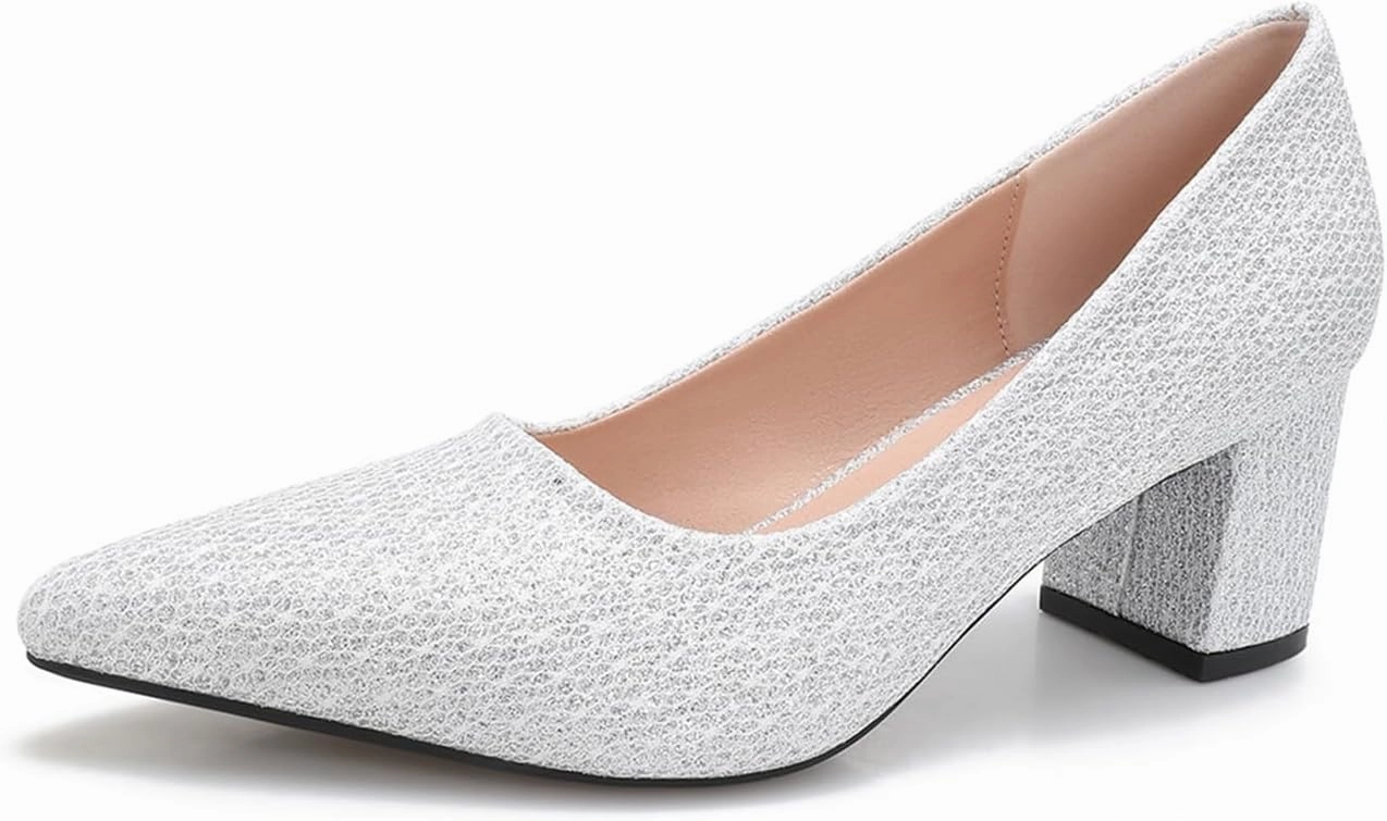 Women's Glitter Slip On Low Block Pumps Closed Pointed Toe Silver Gold Dress Chunky Heels with Bow for Woman Comfortable Wedding Prom Dating Pumps Shoes 2.36"
