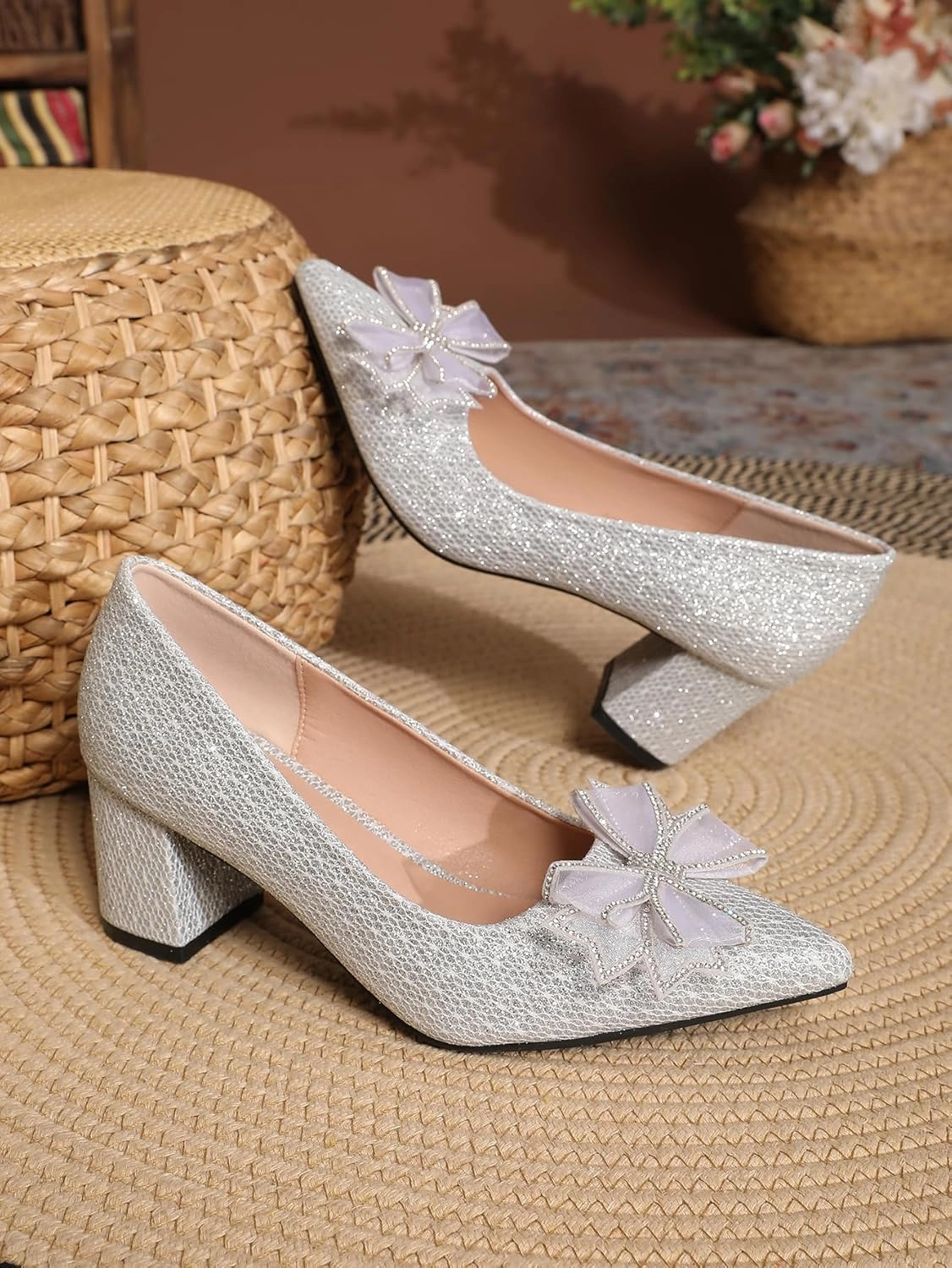 Women's Glitter Slip On Low Block Pumps Closed Pointed Toe Silver Gold Dress Chunky Heels with Bow for Woman Comfortable Wedding Prom Dating Pumps Shoes 2.36"