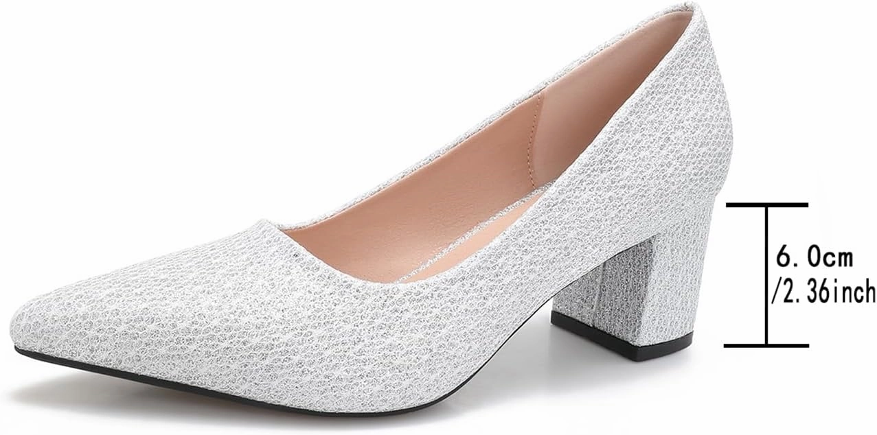 Women's Glitter Slip On Low Block Pumps Closed Pointed Toe Silver Gold Dress Chunky Heels with Bow for Woman Comfortable Wedding Prom Dating Pumps Shoes 2.36"