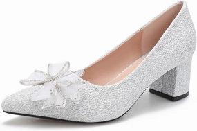 Women's Glitter Slip On Low Block Pumps Closed Pointed Toe Silver Gold Dress Chunky Heels with Bow for Woman Comfortable Wedding Prom Dating Pumps Shoes 2.36"