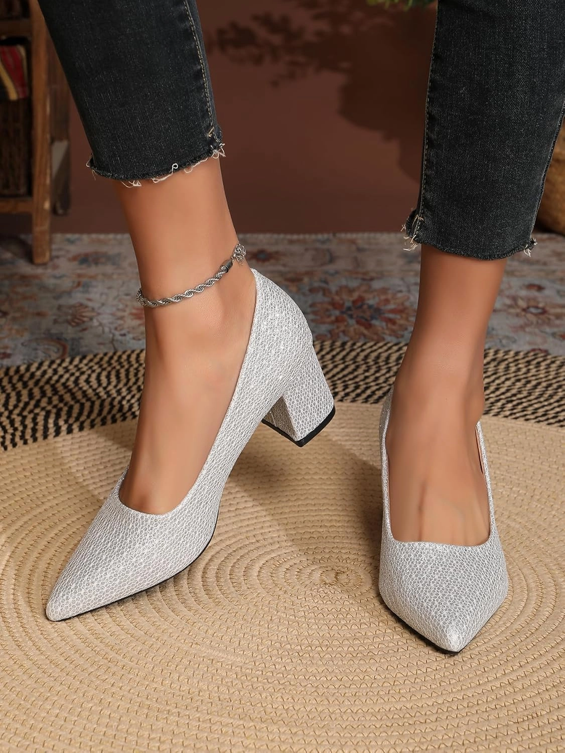 Women's Glitter Slip On Low Block Pumps Closed Pointed Toe Silver Gold Dress Chunky Heels with Bow for Woman Comfortable Wedding Prom Dating Pumps Shoes 2.36"