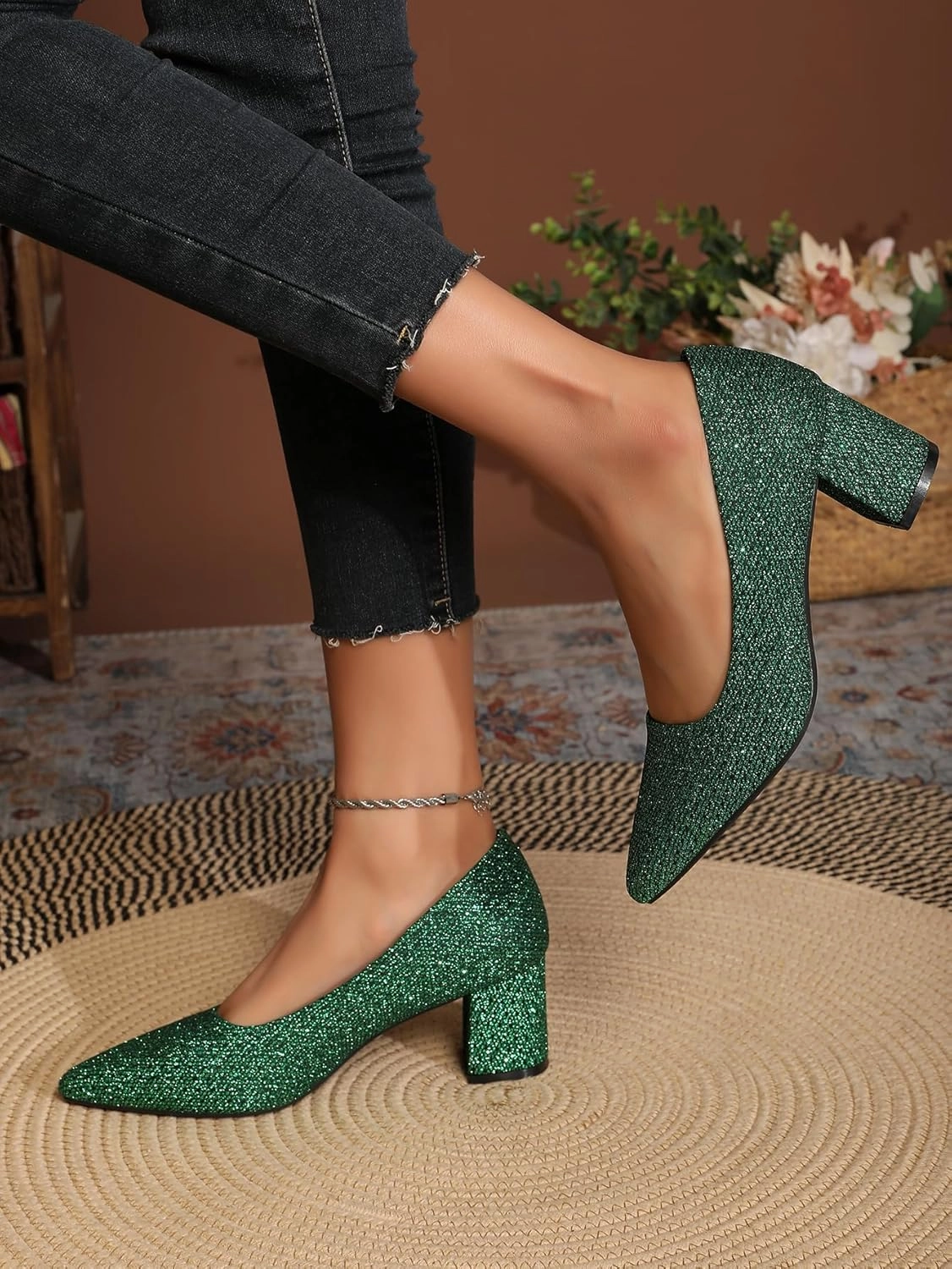 Women's Glitter Slip On Low Block Pumps Closed Pointed Toe Silver Gold Dress Chunky Heels with Bow for Woman Comfortable Wedding Prom Dating Pumps Shoes 2.36"
