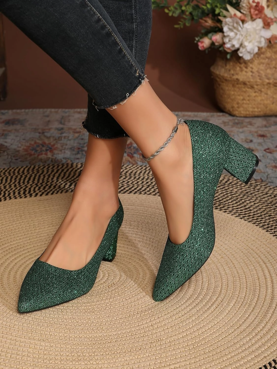 Women's Glitter Slip On Low Block Pumps Closed Pointed Toe Silver Gold Dress Chunky Heels with Bow for Woman Comfortable Wedding Prom Dating Pumps Shoes 2.36"
