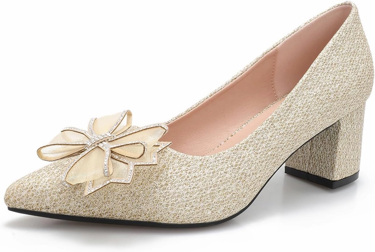Women's Glitter Slip On Low Block Pumps Closed Pointed Toe Silver Gold Dress Chunky Heels with Bow for Woman Comfortable Wedding Prom Dating Pumps Shoes 2.36"